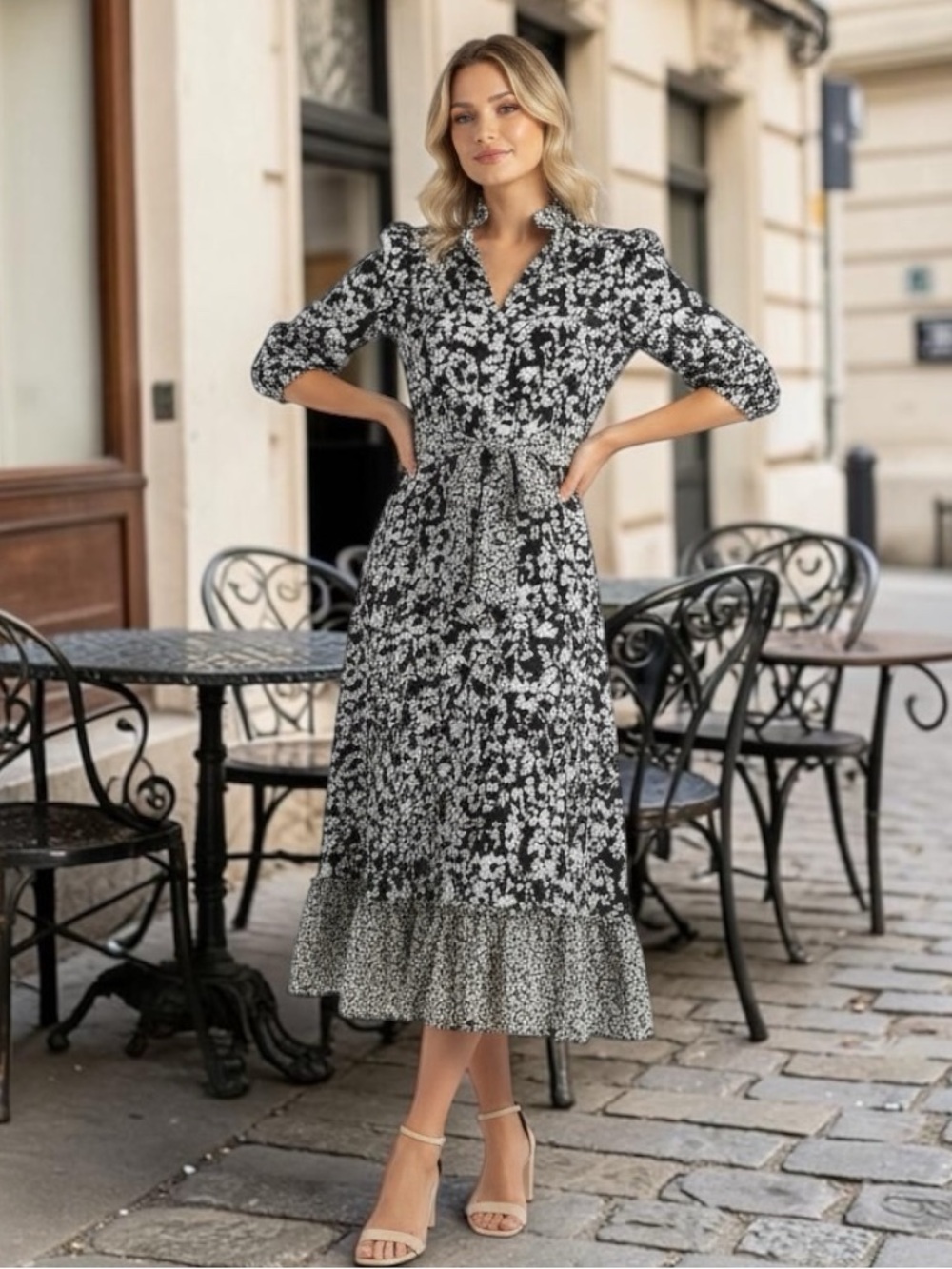 Shoshanna Medley Two Tone Floral Print Belted Midi Dress Black White Size 6 $398